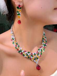 1 conjunto de colar e brincos femininos super luxuosos, multicoloridos e brilhantes, com zircônia cúbica, para festival e festa, conjunto de joias para mulheres, decoração de casamento