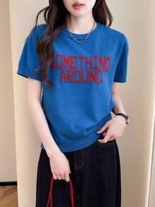 Tonlion Women's Casual Retro Contrast Color Letter Print Crew Neck Knit Short Sleeve Top, Summer