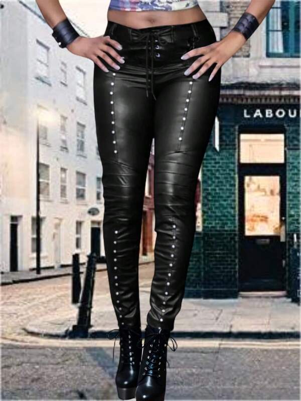 Women's Gothic Punk Faux Leather Pants Lace Up Skinny PU Leather Leggings Rock Club Moto Legging Trousers