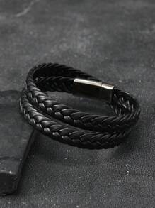 Pulseira de couro trançado multicamadas, acessório minimalista e personalizado com fecho magnético para casais, adequada para uso diário e presente