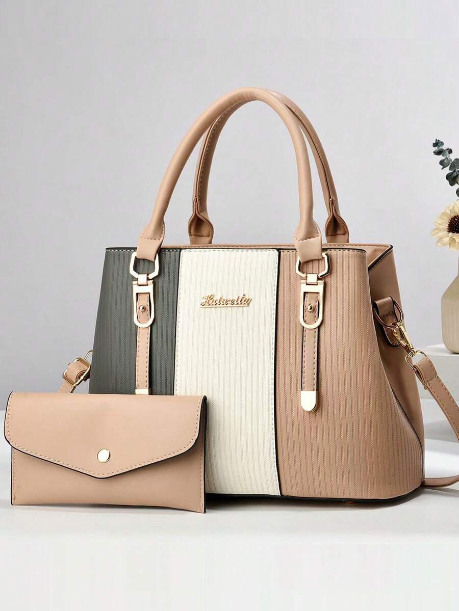 复古优雅女士手提包和钱包套装，时尚简约精致轻巧奢华单肩包 - 卡其色 - 查看 1