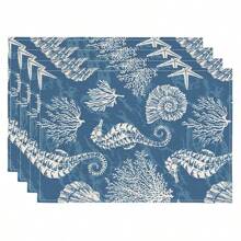1pc Seahorse Print Table Runner, 4pcs Seahorse Print Placemats, Suitable For Festivals, Parties, Birthdays, Dinners, Kitchen & Dining Table Decor, Applicable All Year Round For Home Decoration And Textiles