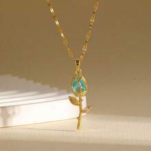 1 pieza Collar con colgante de flor dorada, estilo coreano y europeo, collar con dije de tulipán de circonita cúbica para mujeres, mejor regalo para uso diario y joyería para mujer - Dorado - Ver 6