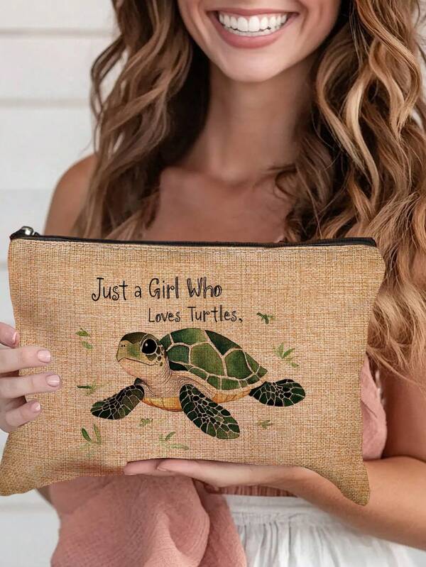 1 Stück "Nur ein Mädchen, das Schildkröten liebt" bedruckte Make-up Tasche, moderner Stil, Polyester, leicht, Reise-Organizer