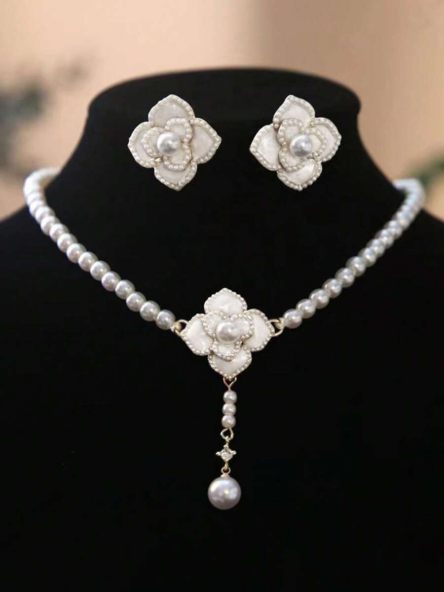 4pcs Flower Imitation Pearl Diamond Gorgeous Elegant Alloy Multicolor Women's Ring Necklace Earrings Set, Suitable For Party Date Gathering Birthday Matching Daily Clothing Accessories - 彩色 - 查看 1