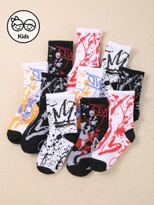 10 Pairs Kids Colorful Graffiti Print Sports Crew Socks, Suitable For Autumn/Winter And Halloween - Multicolor - View 3