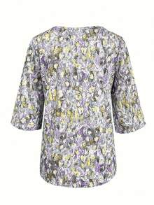 Plus Size Floral Print V-Neck 3/4 Sleeve Top , Women Vacation And Everyday Spring - Purple - View 4
