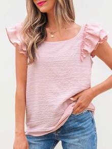 Gossamer Pink Textured Bow Knot Frilled Butterfly Sleeve Blouse Tops Summer Outfits For Women - Pink - View 10