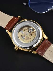 LONGLUX 1pc Men Hollow Automatic Mechanical Watch With Leather Band, Waterproof Casual Watch