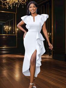 缺口领盖袖不对称下摆派对礼服，优雅鸡尾酒半正式舞会毕业礼服，适合生日、婚礼宾客、毕业典礼、晚宴、返校节、返校节