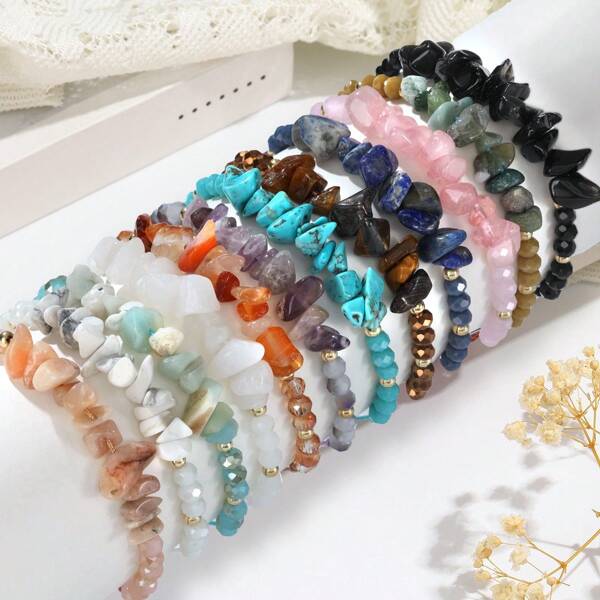 12pcs Bohemian Natural Stone Bracelet Set, Suitable For Men And Women - Amethyst, Labradorite, Turquoise And Rose Quartz Beads - Perfect Gift