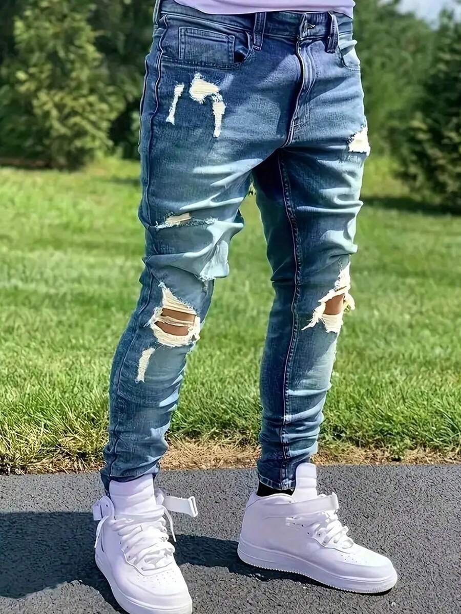 Plus Size Men's Fashionable Distressed Elastic Denim Jeans - Rửa trung bình - Xem 1