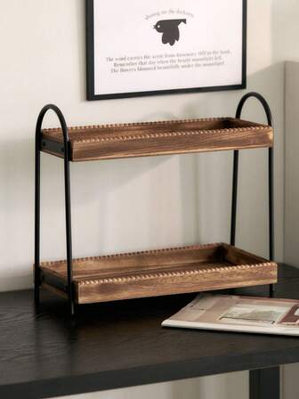 1pc Double-Layered Wooden Storage Shelf, Metal & Wood Combination Organizer Rack For Cosmetics, Perfume, Kitchen Spice, Coffee/Tea, Towels, Jewelry And Desk Decor