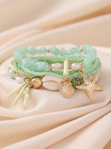 6pcs/Set Bohemian Style Ocean Theme Natural Stone, Pearl, Coral, Seashell, Starfish Beaded Multilayer Bracelet Set, Handmade Accessories For Women, Daily Wear & Holiday Gift