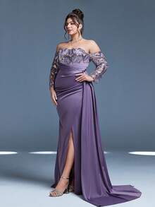 Mgiacy,New Arrival,Off Shoulder,Sequin,Elegant,Plus Size Evening Gown Dress,Float Piece,High Slit,Package Hip,Mermaid Hem Dress,FOR,Dinner Party - 紫色 - 查看 4