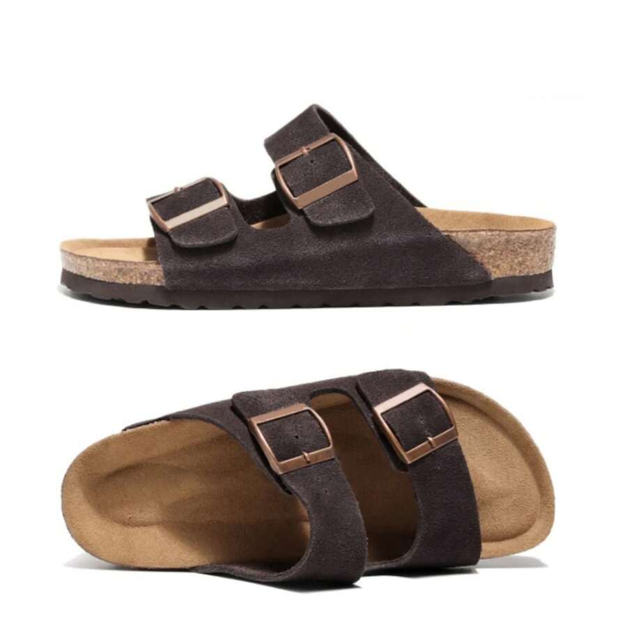 Women Sandals Slip On Comfortable Adjustable Buckle Cork Footbed Summer Beach - 深棕色 - 查看 1