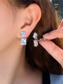 1 Pair Simple Style Elegant Double Baguette Cut Cubic Zirconia Clip On Earrings, Square Drop Dangle Silver Plated Non-Pierced Wedding Jewelry For Engagement, Bridal, Banquet, Party, Prom To Women, Brides, Bridesmaids - White - View 2