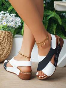 Giày sandal đế xuồng màu xanh và trắng họa tiết chắp vá phong cách Bohemian mùa hè dành cho nữ, giày sandal đế bằng thoải mái, chắc chắn, thoải mái khi đi ngoài trời, giày sandal cỡ lớn, vui lòng đặt hàng theo chiều dài chân thực tế vì kích thước có thể nhỏ hơn - Đen và trắng - Xem 5
