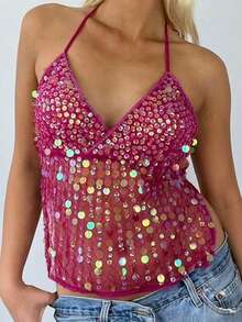 Women's Halter Neck Vest Summer Sleeveless Open Back Slim Fit Tie Up Sequins Tank Tops - Màu Hồng Tươi - Xem 2