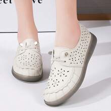 Women's Leather Slip On Hollow Out Flats, New Summer Casual Soft Bottom Shoes, Breathable Loafers