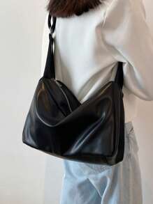 Bolsa de Ombro/Transversal Feminina Versátil e da Moda em Couro PU de Cor Sólida, Adequada para Ir e Vir do Trabalho e da Escola