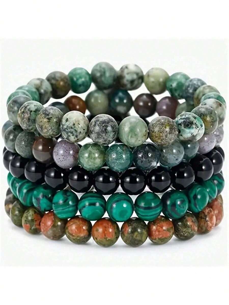 5 Pieces Natural Stone Bead Bracelets, Grounding Set,Stackable Energy Bracelets Crystal ,Suitable For Daily Wear By Women And Men
