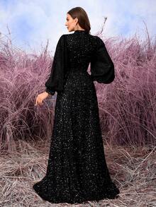 Đầm SUPGIR cổ đứng tay phồng, eo nhún, dài ngang gối, thích hợp dự tiệc, đám cưới, dạ hội, váy dài, trang phục mùa thu dành cho nữ, màu đen. - màu đen - Xem 2