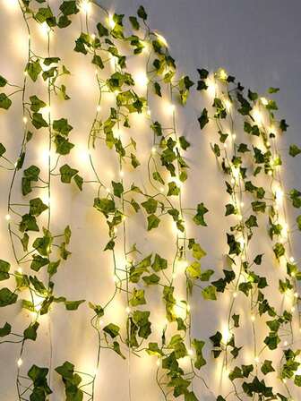 1pc 6.56ft/16.4ft/32.8ft LED Vine Fairy Lights, Leaf Decor Lights, Outdoor Green Leaf Lights, Artificial Flower Wreath With Lights, Green Leaf Garland Hanging Lights For Wall, Party, Wedding, Room, Kitchen, Indoor And Outdoor Decor