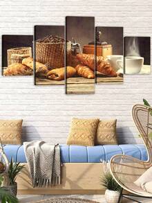 1 件/5 件，咖啡和面包帆布墙面艺术印刷品，带框海报墙面艺术，适用于厨房、客厅、卧室装饰，室内外使用，早餐食品主题艺术品，可直接悬挂 - 彩色 - 查看 4