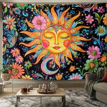 1 pezzo Arazzo da parete decorativo in poliestere colorato con disegno di sole e fiori, stile bohémien, adatto per soggiorno, camera da letto, studio di yoga e meditazione, decorazione per la casa, design vibrante con motivi e dettagli intricati