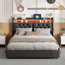 Upholstered Bed, 140x200/160x200/180x200cm, Double Bed For Adults, Hydraulic Storage Bed, Headboard With Storage Compartments And Pockets, PU, ​​​​Black