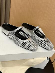 Xin Jing Shoes 2025秋季女士时尚编织镂空绑带平底增高通勤鞋、穆勒鞋、芭蕾平底鞋 - 銀色 - 查看 9