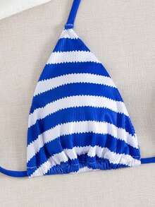 3pcs/Set Women Striped Print Halter Bikini Set And Boy Shorts, Summer - Blue and White - View 3