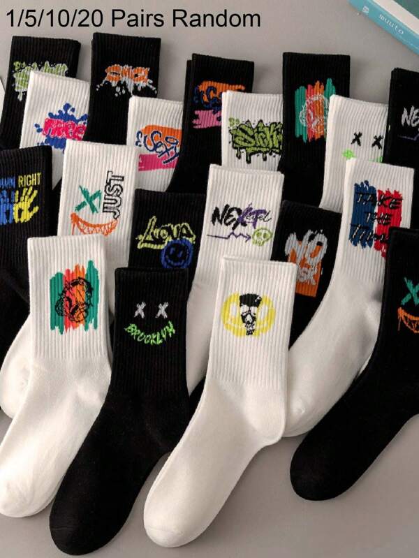 1/5/10 Pairs Unisex Random Color Mystery Box Letter Print Funny Casual Creative Graffiti Couple Mid-Calf Socks