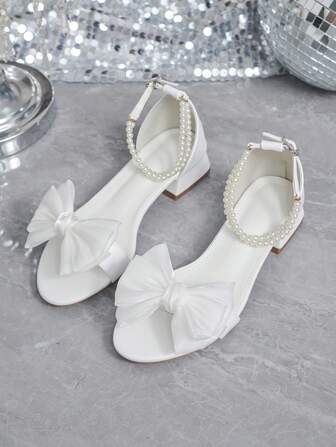1.18in Fashionable Women's Low Heel Sandals, White Buckle Bow Round Toe Square Chunky Heel Shoes, 2.8CM Retro Roman Gladiator Sexy Summer Sandals, Suitable For Wedding Dresses, Parties, Plus Size 40-44