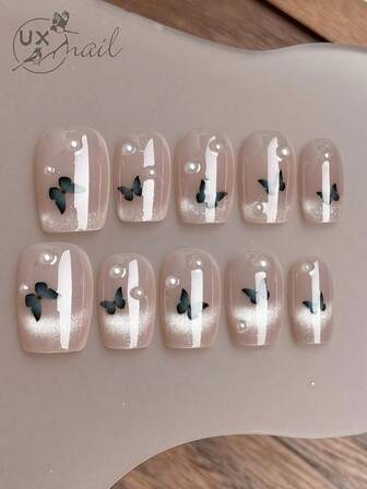 10 piezas de uñas postizas cuadradas y cortas, uñas postizas con brillo de ojo de gato rosa y diseño de flores en flor, uñas artificiales de cobertura total hechas a mano con kit de tallas para mujer, suministros de manicura para uso diario de oficina, de verano en arte de uñas - Set de uñas postizas cortas y cuadradas con estilo de ojo de gato rosa y lazo negro