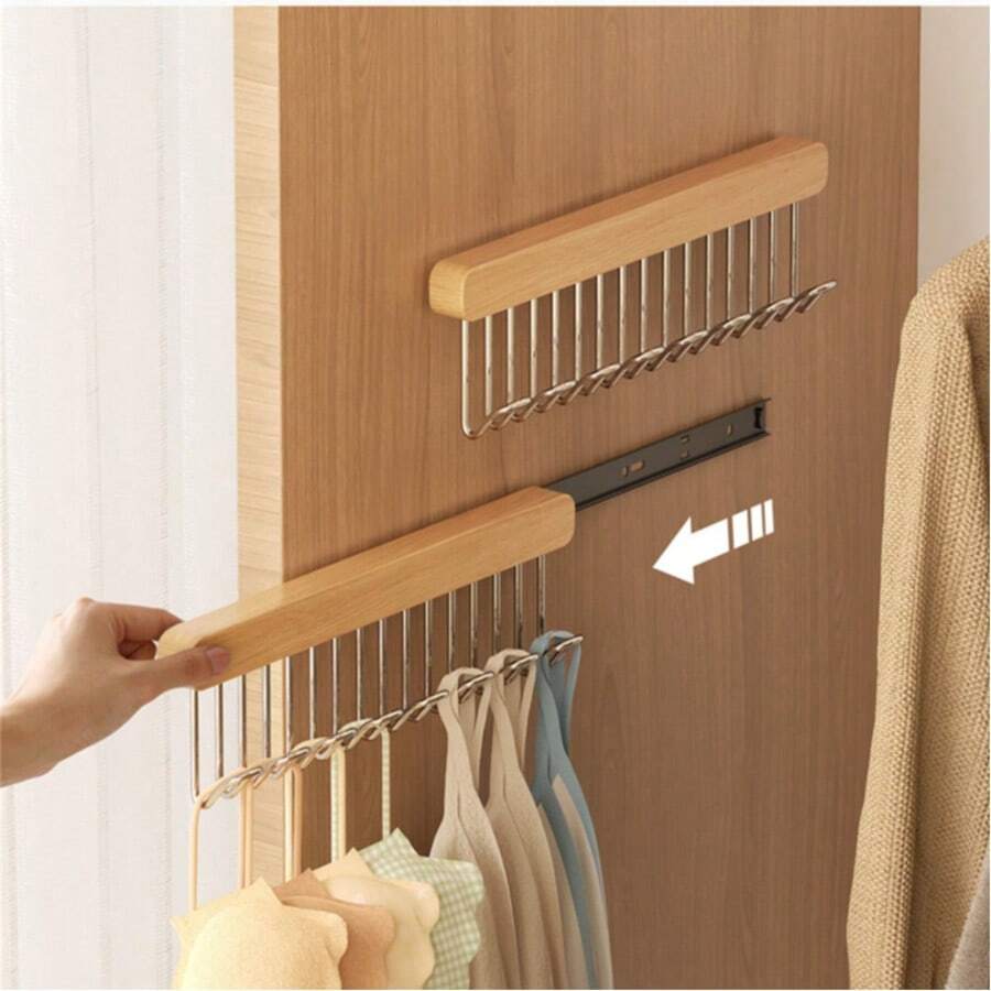 1pc 12/16 Inch Wooden & High Quality Stainless Steel Retractable Closet Rail With 8/12 Hooks, Includes Pants Rack, Bra Rack, Kitchen Rack, Entrance Hall Rack, Suitable For Closets, Entryways, Kitchens, Maximizes Narrow Spaces, Comes With Adhesive And Mounting Tape