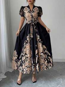 1pc Patchwork Floral & Plant Graphic Elegant Bohemian Crossed Waistband Slit Dress