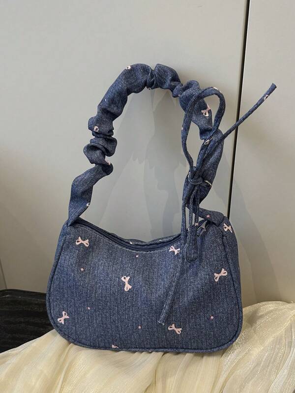 1 Peça Bolsa de Ombro de Estilo Casual e Único com Estampa de Laço e Zíper Liso em Tecido Denim, Adequado para Uso Diário de Mulheres