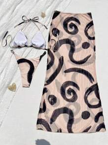 Women's Elegant Summer Beach Twist Print Tie Bikini Set With Coverup And Skirt