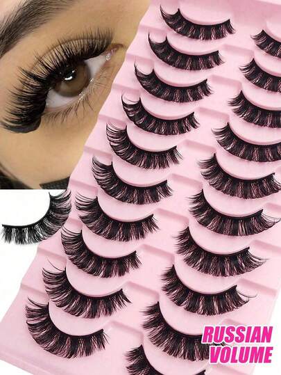 10 paia di ciglia finte DD Curl, spesse, in stile russo, aspetto naturale in finta pelliccia di visone, ciglia a striscia riutilizzabili e voluminose, estensioni per ciglia, ciglia finte