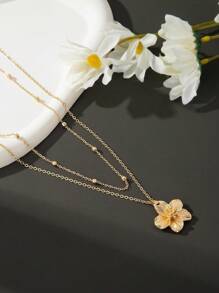 Colar com pingente de flor plissado de duas camadas, retrô, moderno, versátil, elegante, temperamento, design de pétala, adequado para presentear diariamente