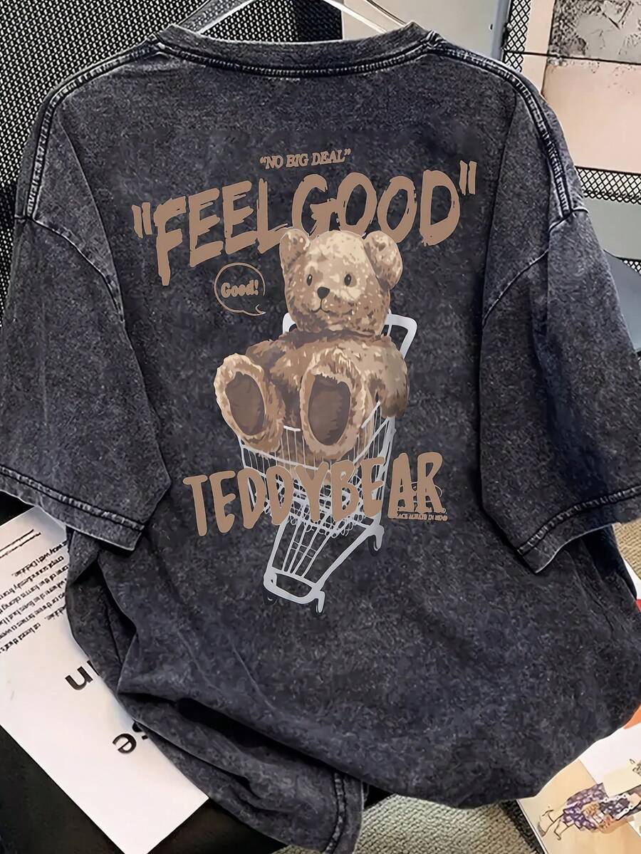水洗棉超大款黑色卡通熊短袖T恤，宽松修身设计复古风格