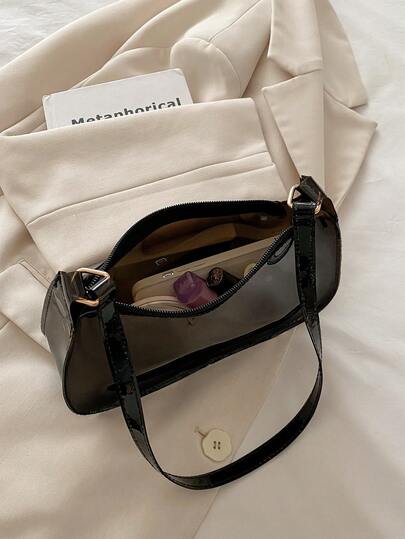 Bolso de hombro de PVC negro semi transparente y resistente al agua, bolso de axila vintage retro, bolso ligero con cremallera, versátil y de moda para la playa, vacaciones, natación, con gran capacidad y pequeño para uso diario, fiestas, trabajo y almacenamiento de maquillaje