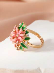1pc Fashion Dripping Oil Floral Rhinestone Ring - X1810 Pink - View 4