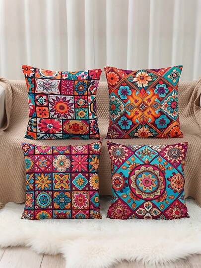 4 أغطية وسائد بسحاب ذات طراز بوهيمي مصنوعة من البوليستر 100% منسوجة قابلة للغسل، بتصميمات جذابة من ال- مندالا والمربعات، مقاس 45*45 سم ، مناسبة لديكور غرفة النوم والمعيشة