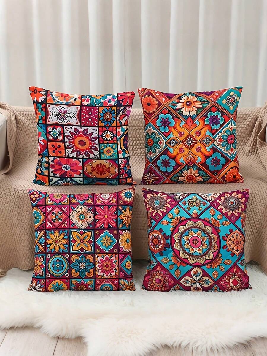 4pcs Bohemian Style Polyester 100% Woven Zipper Closure Machine Washable Vibrant Mandala Checkered Cushion Pillow Cover, 45*45cm, With Home Living Room Decoration For Bedroom - Multicolor - View 1