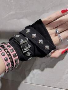 1 Pair Y2K Rivet Fingerless Gloves, Style Punk Goth Dance Performance Outfit Half Finger Gloves - Black - View 2