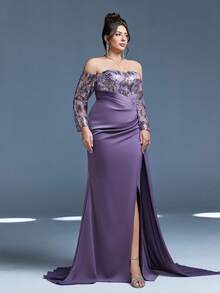 Mgiacy,New Arrival,Off Shoulder,Sequin,Elegant,Plus Size Evening Gown Dress,Float Piece,High Slit,Package Hip,Mermaid Hem Dress,FOR,Dinner Party - 紫色 - 查看 5