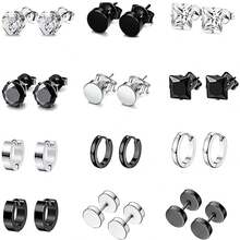 12pcs Stainless Steel Stud Earrings Set, Simple & Versatile Design For Men, Boys & Girls, Gothic Style In Black And Silver - Black and White - View 5